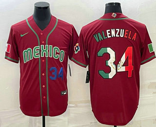 Mens Mexico Baseball #34 Fernando Valenzuela Number 2023 Red Blue World Baseball Classic Stitched Jersey